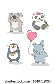 Hand drawn cute animals and hearts theme concept. Koala in heart shaped sun glasses, panda in a cap with heart print, elephant with heart balloon and penguin with ukulele 