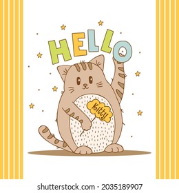 Hand drawn cute animals with lettering. Cat with word Hello. White background. Vector.