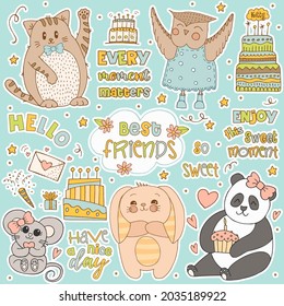Hand drawn cute animals with lettering. Cat, Panda, Bunny with striped ears and a belly, Mouse with a pink bow and a heart, Owl in a blue dress with polka dots and boots. Gift and cake with candles.