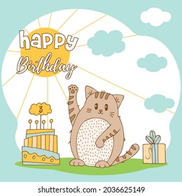 Hand drawn cute animals with lettering. Cat with gift, cake with candles. Happy Birthday. Vector.