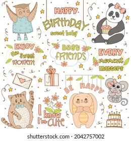 Hand drawn cute animals with lettering. Cat, Panda, Bunny with striped ears and a belly, Mouse with a pink bow and a heart, Owl in a blue dress with polka dots and boots. Gift and cake with candles.