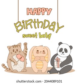 Hand drawn cute animals with lettering. Cat, Panda, Bunny with striped ears and a belly with gift. Best Friends. Happy Birthday. Vector.