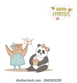 Hand drawn cute animals with lettering. Panda, Owl in a blue dress with polka dots and boots. Cupcake with candle and envelope with heart. Best Friends. White background. Vector.