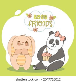 Hand drawn cute animals with lettering. Panda, Bunny with striped ears and a belly, cupcake with candle, flower and leaves. Best Friends. Vector.