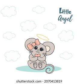 Hand drawn cute animals with lettering. A mouse with a pink bow and a heart. Little angel. White background. Vector.