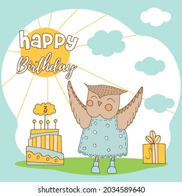 Animales lindos dibujados a mano. Un búho con un vestido azul con puntos de polka y botas. Regalo y pastel con velas. Feliz cumpleaños. Vector.