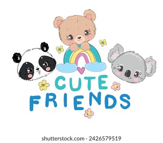 Dibujado a mano animales lindos y arco iris, ilustración vectorial Koala, Panda y osito de peluche Niños imprimir