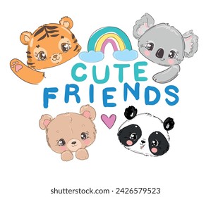 Hand Drawn Cute Animals and rainbow, Vector Illustration. Tiger, Koala, Panda and Teddy Bear. Kids print