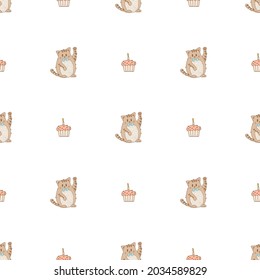 Hand drawn cute animals. Seamless pattern. Cat with cupcake with candle. White background. Vector.