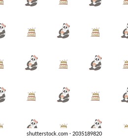 Animales lindos dibujados a mano. Patrón sin foco. Panda, pastel con velas. Fondo blanco. Vector.