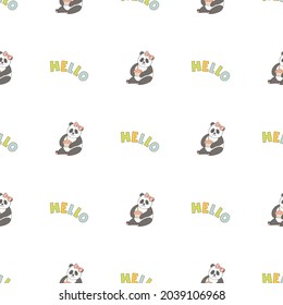 Hand drawn cute animals. Seamless pattern. Panda, cupcake with candle. Hello. White background. Vector.