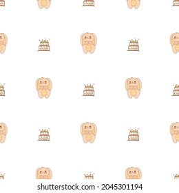Hand drawn cute animals. Seamless pattern. A bunny with striped ears and a belly. Cake with candles. White background. Vector.
