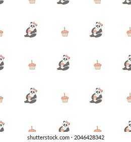 Animales lindos dibujados a mano. Patrón sin foco. Panda, quequito con vela. Fondo blanco. Vector.