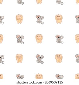 Hand drawn cute animals. Seamless pattern. Bunny with striped ears and a belly, Mouse with a pink bow and a heart. Best Friends. White background. Vector.