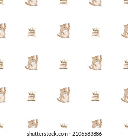 Hand drawn cute animals. Seamless pattern. Cat with cake with candles. White background. Vector.