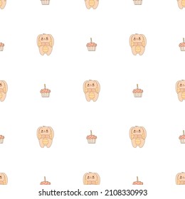 Hand drawn cute animals. Seamless pattern. A bunny with striped ears and a belly, cupcake with candle. White background. Vector.