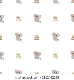 Hand drawn cute animals. Seamless pattern. A mouse with a pink bow and a heart, cake with candles. White background. Vector.