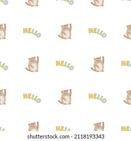 Hand drawn cute animals. Seamless pattern. Cat with word Hello. White background. Vector.