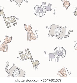 A mão desenhou animais bonitos sem costura padrão com girafa, elefante, leão e chita. Ilustração vetorial para crianças ou vestuário para bebês, têxteis, roupa de cama, papel de embrulho, jardim de infância e outros