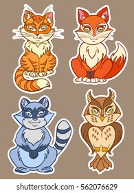 Hand drawn cute animals set.  isolated vector animals in cartoon style  including fox, owl,  raccoon, cat.