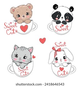 Hand drawn Cute Animals sitting in a cup, Kids print vector illustration. Panda, Bear, Cat, Bunny 