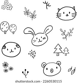 Hand drawn cute animals vector set with floral and leaf elements, individually grouped 