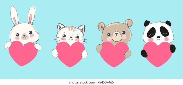 Hand Drawn Cute Animals Vector Illustration, 