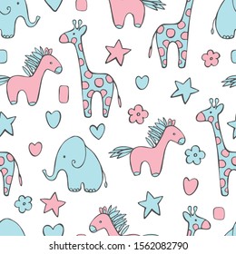 Hand drawn cute animals.Vector  seamless pattern.