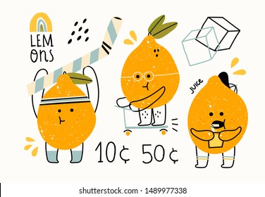 Hand drawn cute anthropomorphic lemons doing various stuff. Funny vector illustration for kids. Colored trendy set. Cartoon style. Perfect for lemonade market decoration. All elements are isolated