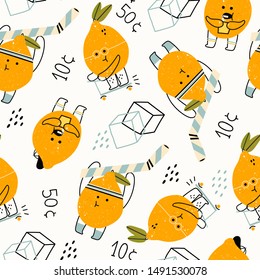 Hand drawn cute anthropomorphic lemons doing various stuff. Funny vector illustration for kids. Colored trendy seamless pattern. Cartoon style. Perfect for lemonade market decoration