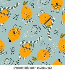 Hand drawn cute anthropomorphic lemons doing various stuff. Funny vector illustration for kids. Colored trendy seamless pattern. Cartoon style. Perfect for lemonade market decoration