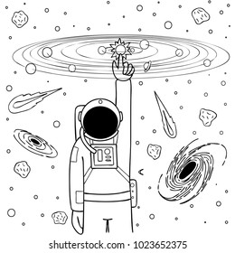 Hand Drawn Cute Astronaut Touch Then Sun And Balance The Solar System, Design For Design Element And Coloring Book Page For Kids And Adult,vector Illustration.