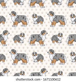 Hand drawn cute australian shepherd dog and puppy seamless vector pattern. Purebred pedigree domestic dog paw background. Dog lover Australia hunting pet all over print. Kennel pooch. EPS 10. 