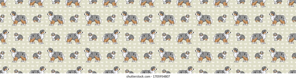 Hand drawn cute australian shepherd dog and puppy breed seamless border pattern. Purebred pedigree domestic dog background. Dog lover sheepdog pet washi ribbon. Kennel pooch EPS 10. 
