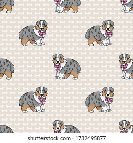 Hand drawn cute australian shepherd puppy with pink bow seamless vector pattern. Purebred pedigree domestic dog on paw background. Dog lover Australia pet all over print. Kennel pooch. EPS 10. 
