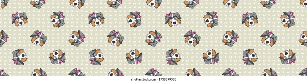 Hand drawn cute australian shepherd dog face with pink bow seamless vector border. Purebred pedigree domestic dog on paw background. Dog lover Australia pet all over print. Kennel pooch. EPS 10. 