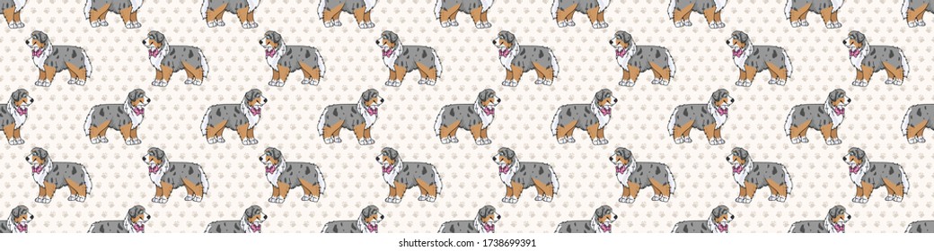 Hand drawn cute australian shepherd dog with pink bow seamless vector border. Purebred pedigree domestic dog on paw background. Dog lover Australia pet all over print. Kennel pooch. EPS 10. 