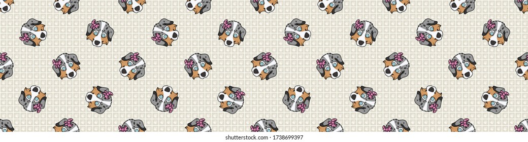 Hand drawn cute australian shepherd puppy face with pink bow seamless vector border. Purebred pedigree domestic dog on paw background. Dog lover Australia pet all over print. Kennel pooch. EPS 10. 