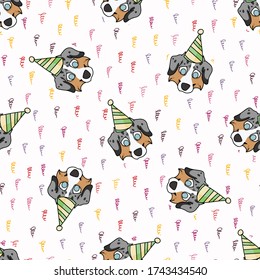 Hand drawn cute australian shepherd puppy face with party hat seamless vector pattern. Purebred pedigree domestic celebration background. Dog lover Australia pet all over print. Kennel pooch. EPS 10. 