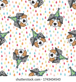 Hand drawn cute australian shepherd dog face with party hat seamless vector pattern. Purebred pedigree domestic celebration background. Dog lover Australia pet all over print. Kennel pooch. EPS 10. 