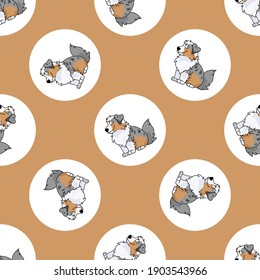 Hand drawn cute Australian Shepherd dog breed in polka dot seamless vector pattern. Purebred pedigree farm dog on dotty background. Dog lover collie all over print. Kennel club pooch. 
