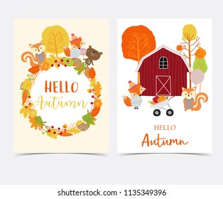 Hand drawn cute autumn card with flower, leaf, fox, red house, apple, pumpkin,wreath and squirrel
