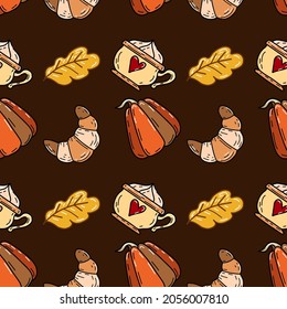 Hand drawn cute autumn pattern with croissants, coffee, autumn leaves and pumpkins. Vector background.