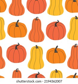 Hand drawn cute autumn seamless pattern with various pumpkins. Flat vector Halloween and Thanksgiving print design in doodle style. Repeated background fall harvest wrapping or wallpaper.