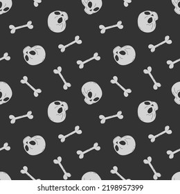 Hand Drawn Cute Autumn Seamless Pattern With Scull And Bones. Flat Vector Spooky Halloween Print Design In Doodle Style. Repeated Background, Textile, Wrapping Or Wallpaper.