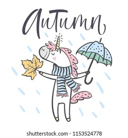 Hand drawn cute autumn unicorn isolated on white background. Design element for greeting cards, t-shirt and other. Vector illustration.