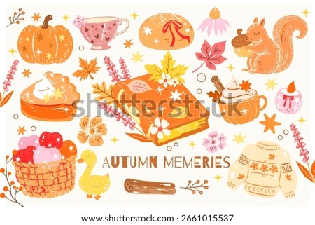 Hand drawn cute autumn vector set with pumpkins, cozy drinks, candles, leaves, books, and sweet girly elements perfect for fall planners, stickers, and seasonal design, fall in frame, aesthetic autumn