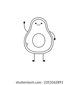 Hand drawn cute avocado cartoon character waving hand outline