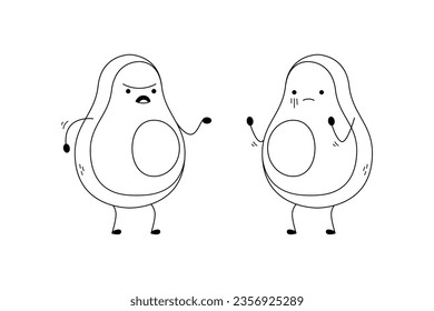 Hand drawn cute avocado fruit cartoon character arguing with one another sketch outline