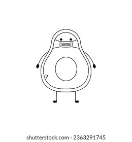 Hand drawn cute avocado fruit cartoon character wearing a medical mask